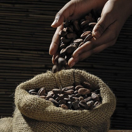 "Cacao beans 100% pure, handled in a hessian bag".