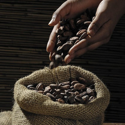 "Cacao beans 100% pure, handled in a hessian bag".